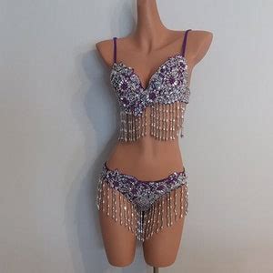 PURPLE Sequin BIKINI Piece Beads Samba Costumes Carnival Show Girl Las Vegas Cabaret Burning