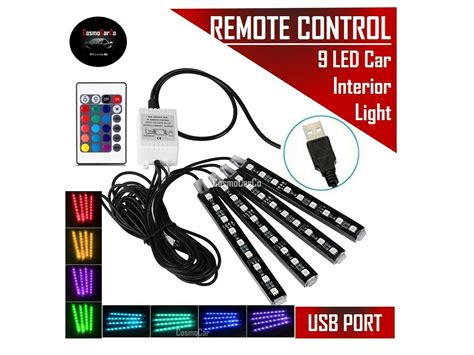 Car Interior LED Light Strip RGB USB Plug Remote Control 9 LED ...