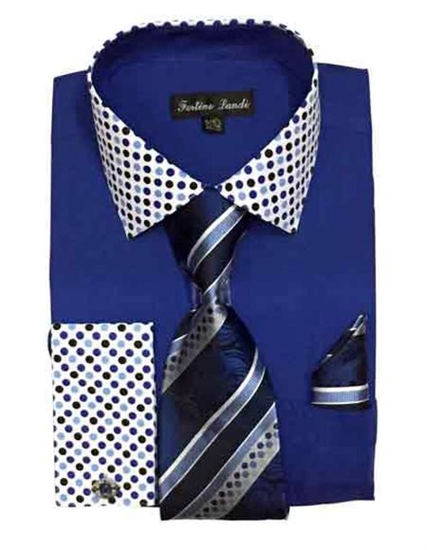 Mens Royal Blue Dress Shirt With Tie And Hanky Dot Pattern Co