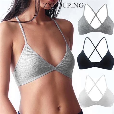 Zxyouping Cotton On Sports Bra For Woman Sexy Lingerie Deep V Triangle Cup Cross Back Non Wire