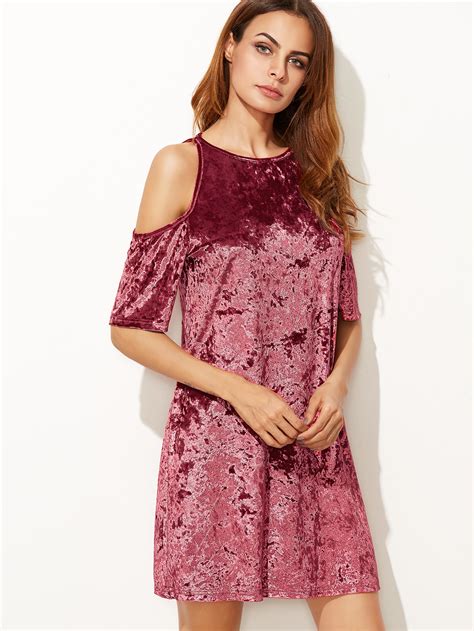 Burgundy Cold Shoulder Keyhole Back Crushed Velvet Dress Shein Sheinside