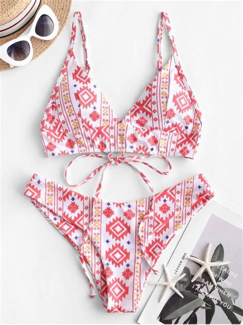 36 OFF 2021 ZAFUL Bohemian Geometric Lace Up Bikini Swimsuit In