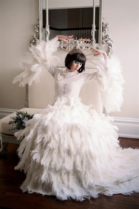 Couture Ivory Ostrich Feather Wedding Gown With Bell Sleeves Etsy