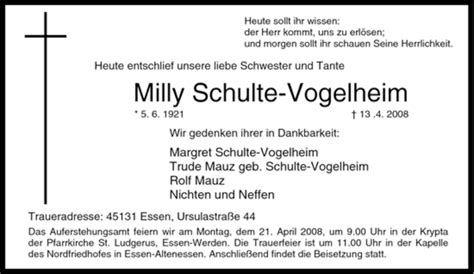 Traueranzeigen Von Milly Schulte Vogelheim Trauer In Nrw De