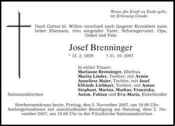 Traueranzeigen Von Josef Brenninger Trauer Merkur De