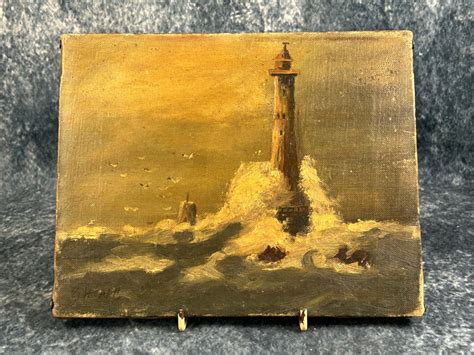 Antique Original Oil On Canvas Lighthouse Seascape Signed G Heath G