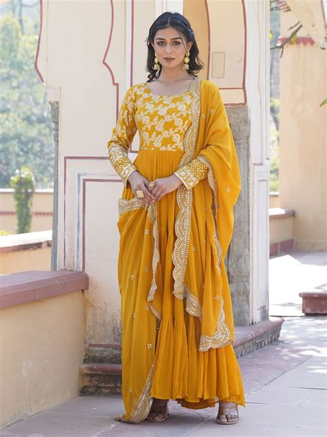 Buy Yellow Embroidered Jacquard Haldi Wear Gown From Ethnic Plus