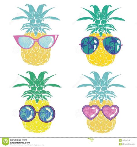 Pineapple With Glasses Tropical Vector Illustration Design Exotic Food Fruit Stock Vector