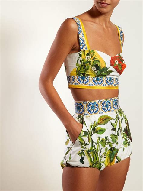 Majolica And Pepper Print Cotton Crop Top Dolce And Gabbana