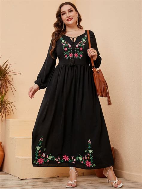 Plus Floral Embroidery Tassel Tie Neck Lantern Sleeve Dress Lantern