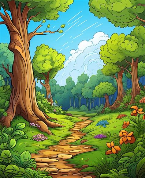 Ilustração dos desenhos animados de um caminho na floresta flores e