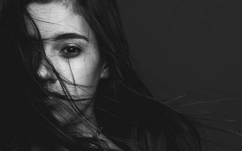 Face Monochrome Long Hair Women Hair In Face Brunette HD Wallpaper Rare Gallery