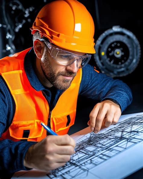 Structural engineer studying detailed blueprints of a skyscrapers foundation highlighting key ...