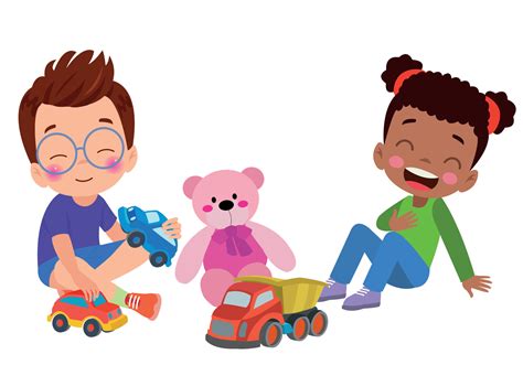 A boy and girl playing with toys and a teddy bear. 23428457 Vector Art at Vecteezy