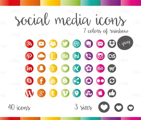 Social Media Icons Set Rainbow Colorful Colors Download Etsy