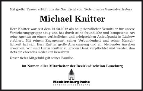 Das Trauerportal für Lüchow Dannenberg Todesanzeigen Michael Knitter