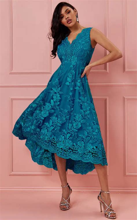 Goddiva Scalloped Neck Lace Midi Dress Teal Goddiva Silkfred Us