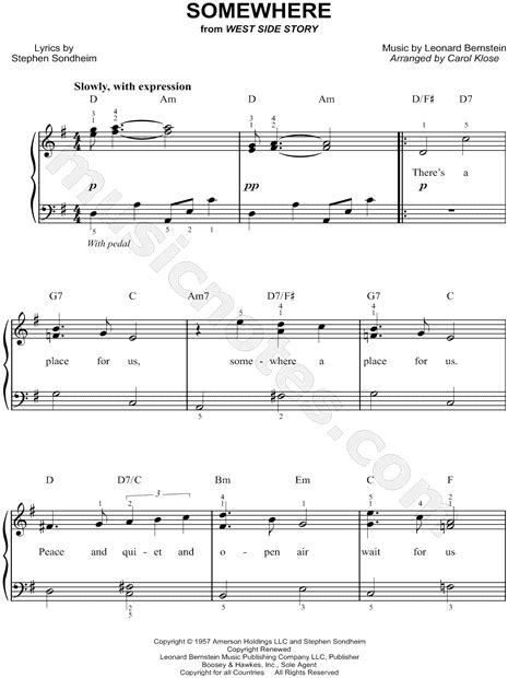 Somewhere From West Side Story Sheet Music Easy Piano In G Major