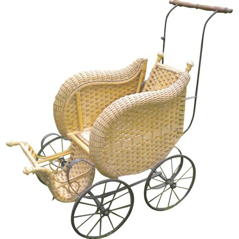 Natural Antique Victorian Wicker Doll Stroller Carriage Circa 1900