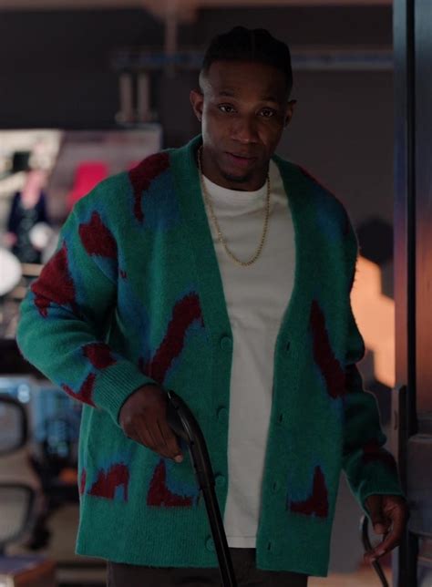 Sea Green Abstract Jacquard Cardigan Worn By Arlen Escarpeta As Zeke