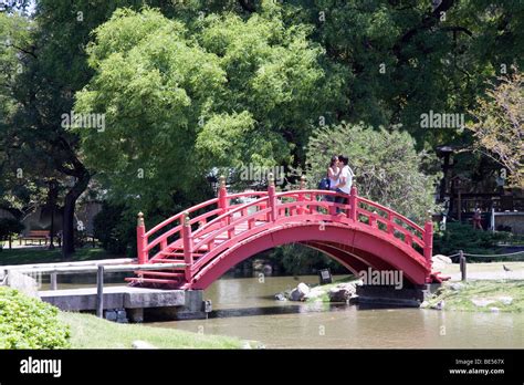 Joven Pareja Bes Ndose En El Puente En El Jardin Japones Los Jardines