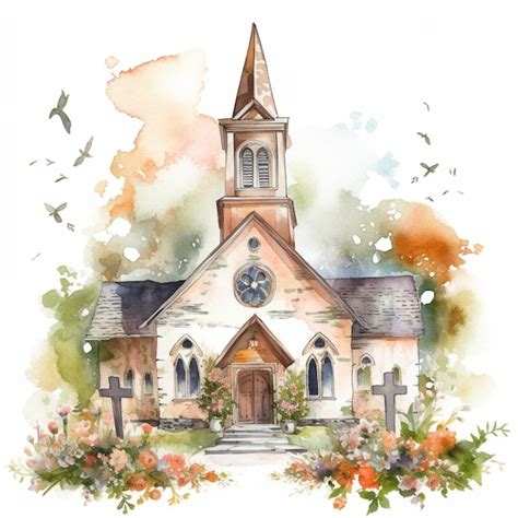 A Watercolor Painting Of A Church With A Cross On The Front Premium