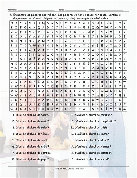 Singular Versus Plural Nouns Spanish Word Search Worksheet Teaching Resources