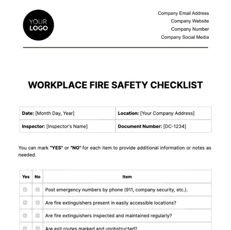 Workplace Fire Safety Checklist Template - Edit Online & Download Example | Template.net