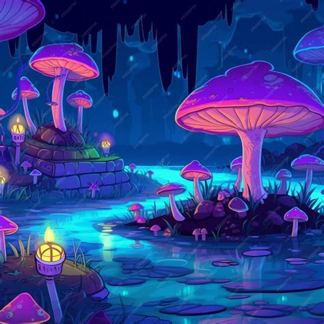 Ilustración De Dibujos Animados De Un Bosque De Fantasía Con Setas Y Luces Brillantes Ai