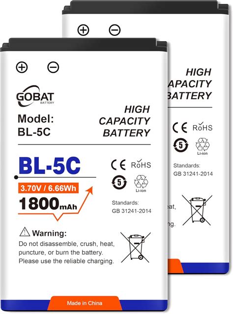 GOBAT 2Pcs BL 5C Battery 1800mAh High Capacity Battery Compatible For