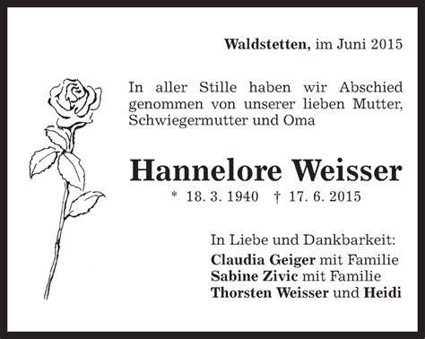 Traueranzeigen Von Hannelore Weisser OstalbTrauer