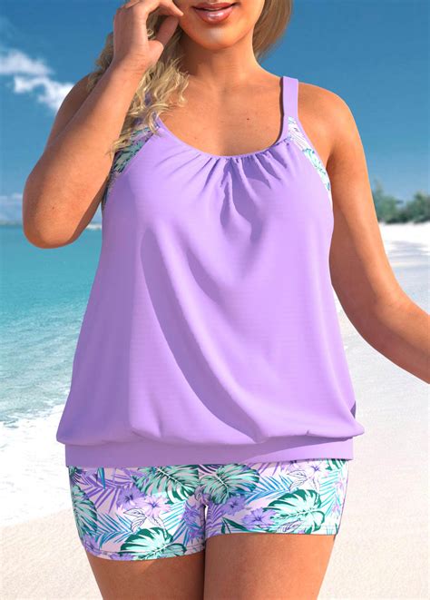 Floral Print Light Purple Plus Size Tankini Set Usd 36 98