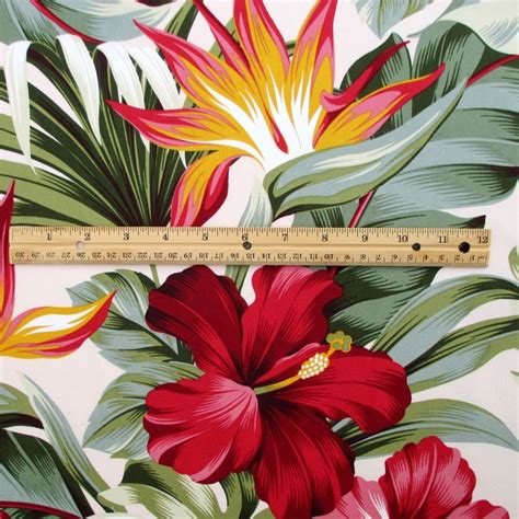 Fabric Red Hibiscus Floral On Cream Tropical Hawaii Bird Of Etsy