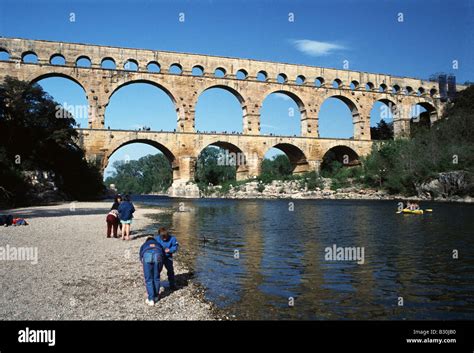 The Roman Aqueduct Pont Du Gard Bc Over The River Gardon Stock Photo