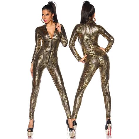 Sexy Snake Print Lingerie Latex PVC Jumpsuit Zentai Costume Women Black Catsuit Pole Dance Suit