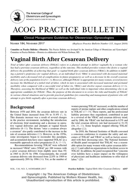 Vaginal Birth After Cesarean Delivery Acog Pdf Caesarean Section