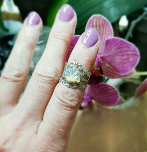 Boho Mermaid Ring With Gorgeous Iridescent Glass Shell Stone Adjustable