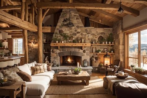 Premium Ai Image Rustic Charm Cozy Countryside Cabin Living Room