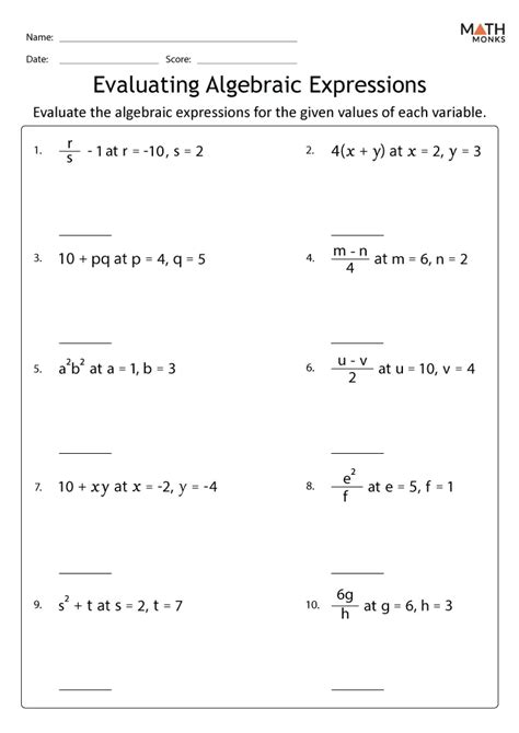 Algebraic Expressions Worksheets - Math Monks