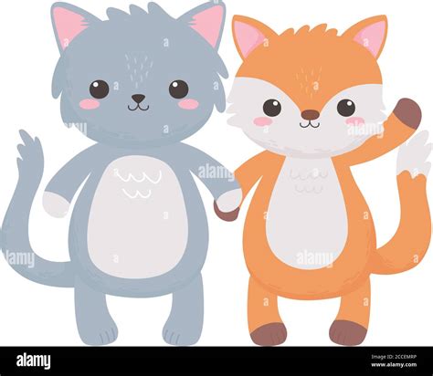 Cute Cat Fox Cartoon Animals Isolated Design White Background Vector