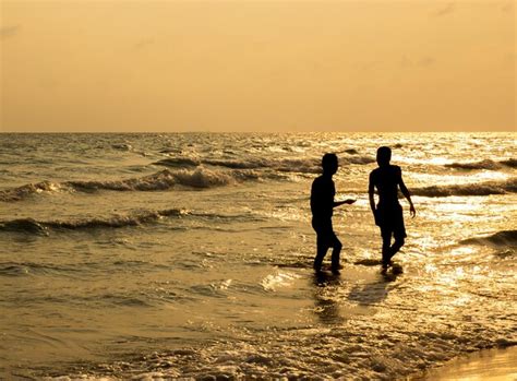 Silhueta De Duas Pessoas Andando Na Praia Foto Premium