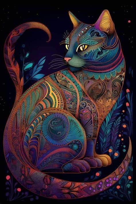 A Colorful Cat Sitting On Top Of A Black Background