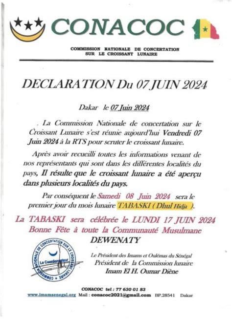 Tabaski La Conacoc Annonce La Date De Sa C L Bration De L Aid El