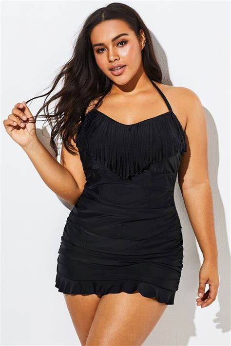 Solid Black Fringe Ruffle Hem Bandeau Swimdress Swim Dress Plus Size Swimsuits Fashion