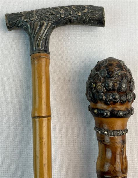 Lot - Antique c. 1900 Victorian Lot of 2 Sterling Silver Accent Top Bamboo Walking Canes