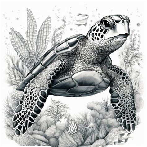 Premium AI Image | A black and white drawing of a turtle swimming in ...