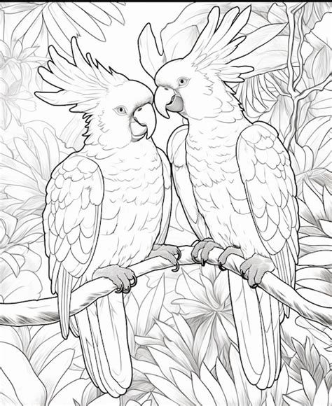 Dibujos Para Colorear De Dos Loros Sentados En Una Rama En Un Bosque