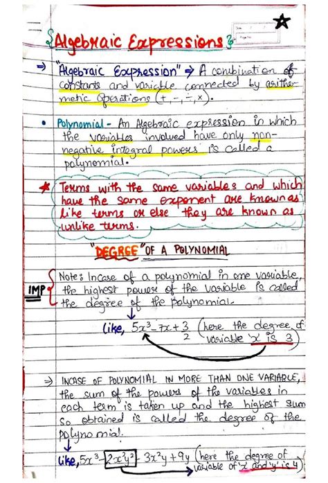 Algebraic Expressions And Identities Handwritten Notes Algebraic