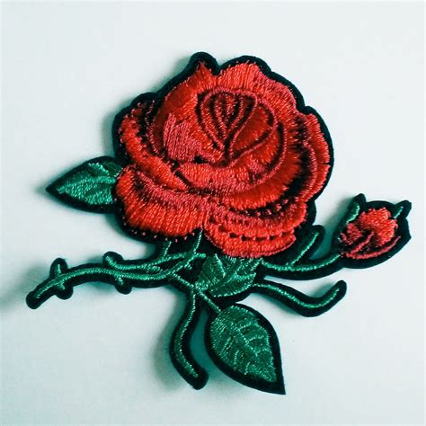 Red Rose Embroidered Iron On Sew On Patch Etsy