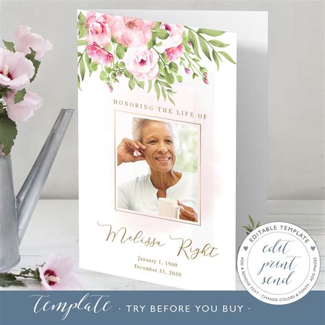 Pink Roses Funeral Program Template Celebration Of Life Etsy Funeral Programs Funeral